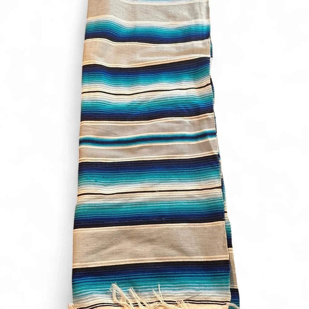 Blue and‎ White Striped Mexican Saltillo Serape 5’x7’ Blanket